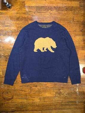 Lucky Brand California Bear Knit Sweater Mens XXL Navy Gold Graphic Fits XL
